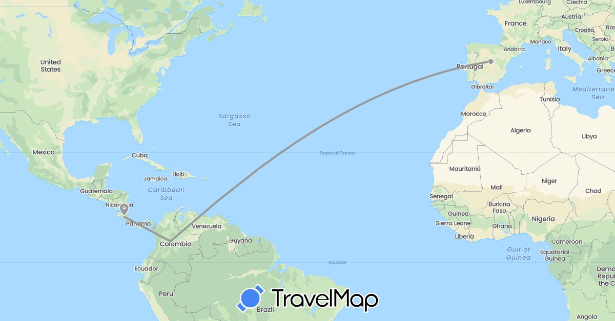TravelMap itinerary: driving, plane in Colombia, Costa Rica, Spain (Europe, North America, South America)